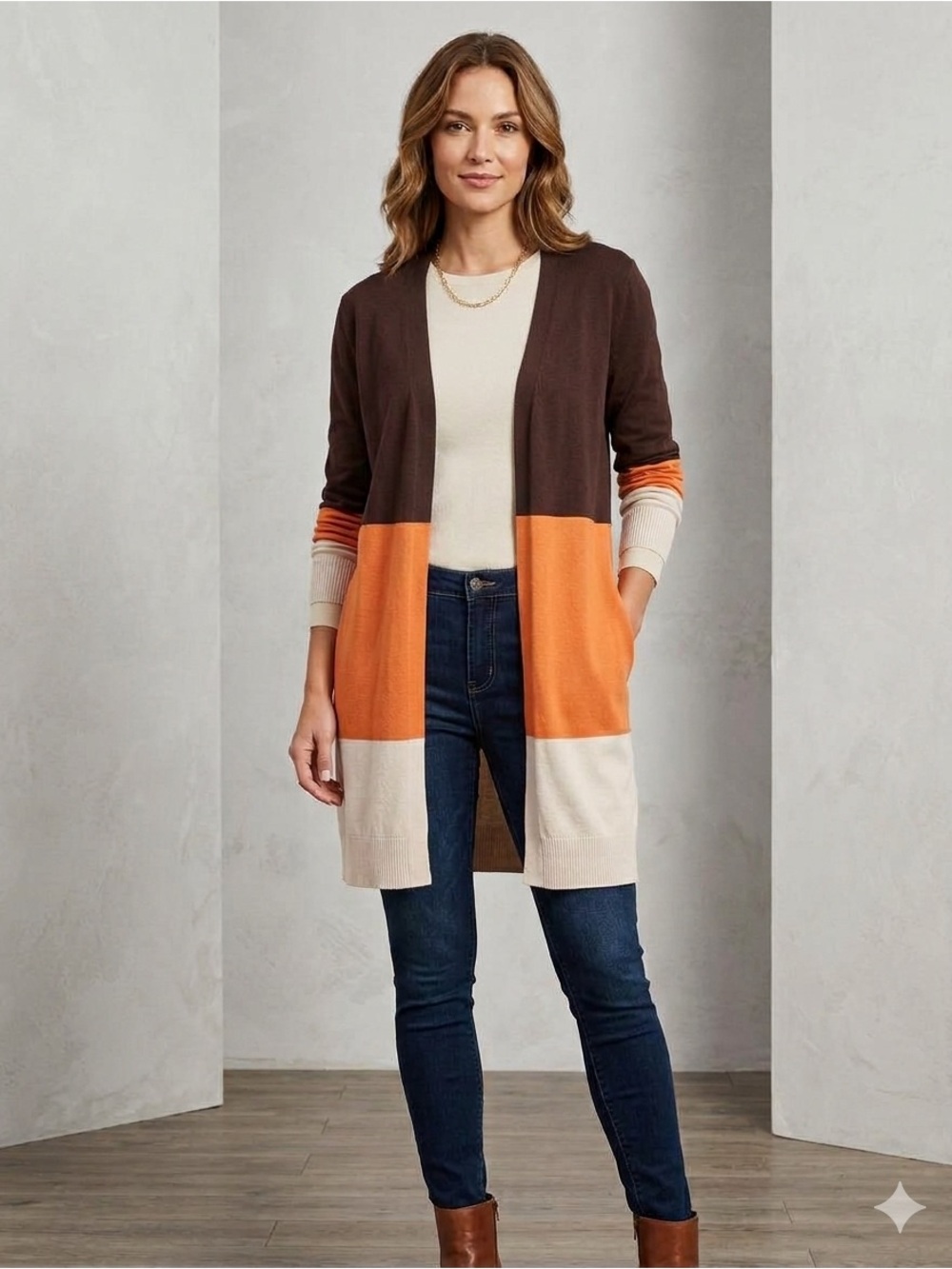 Cardydony Brown, Orange & Cream Colorblock Open Cardigan